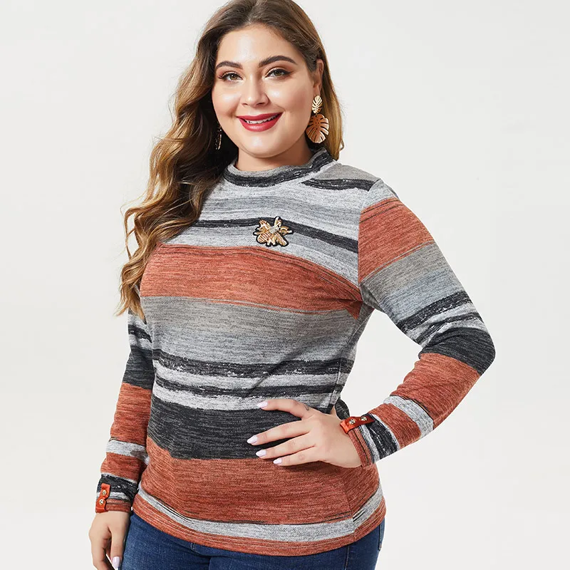 

2020 Autumn Womens Plus Size Long sleeve stripe T shirt fashion ladies Vintage elegant mom Plus Size Tops