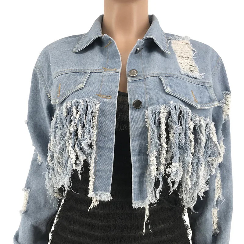 2020 New street Style Tassel Ripped Cropped Jean Jacket Sexy Backless Short Denim Coat Female Outwear Plus Size 5XL | Женская одежда
