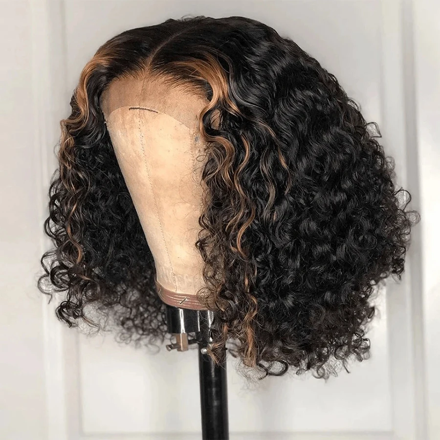 

180% Highlight Short Bob Cut Curly Lace Closure Wigs Ombre Honey Blonde Pixie Afro Kinky Curly 4*4 Lace Front Human Hair Wig