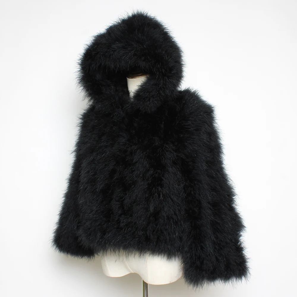 Женское пальто с капюшоном из страусиного меха Короткая Повседневная куртка 100%