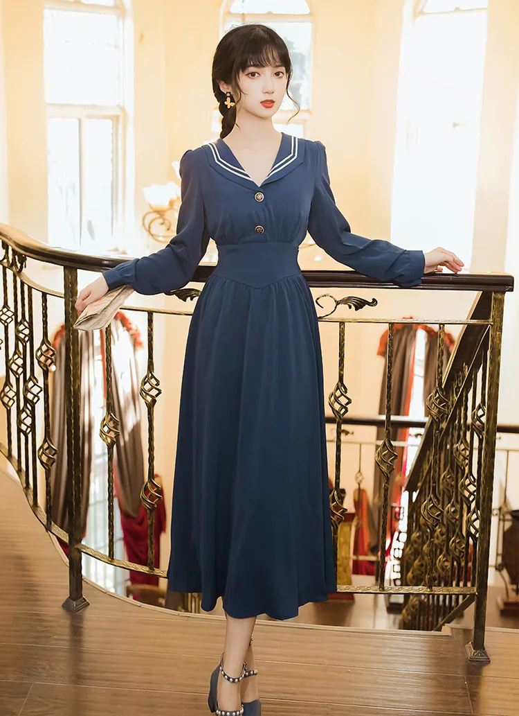 

Vintage Dress 2021 Spring/Summer French Fashion Elegant Navy Style Lapel A- Line Dress High Waist Slimming Full Sleeve Dress
