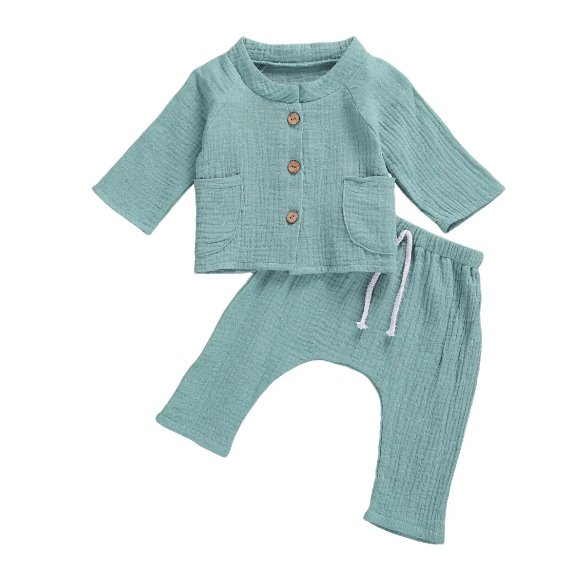 

Костюм детский из длинных брюк с длинным рукавом, комплект из двух предметов с круглым воротником и карманами, двусторонний наряд на пугови...