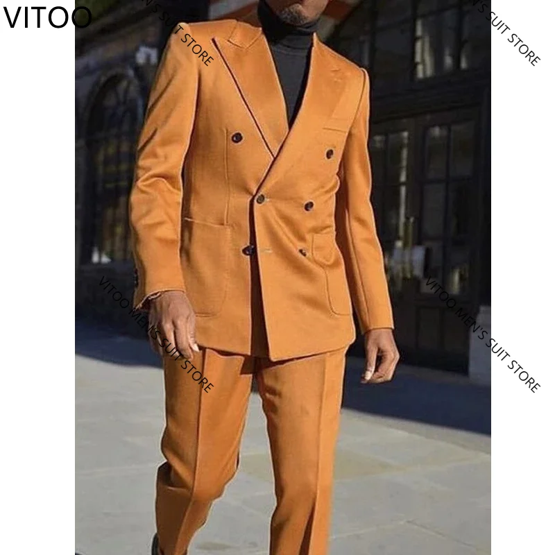 

2 Pieces Double-Breasted Formal Men's Suit With Pointed Lapel Brown Wedding Tuxedo Best Man Jacket Pants Slim Fit Clothing