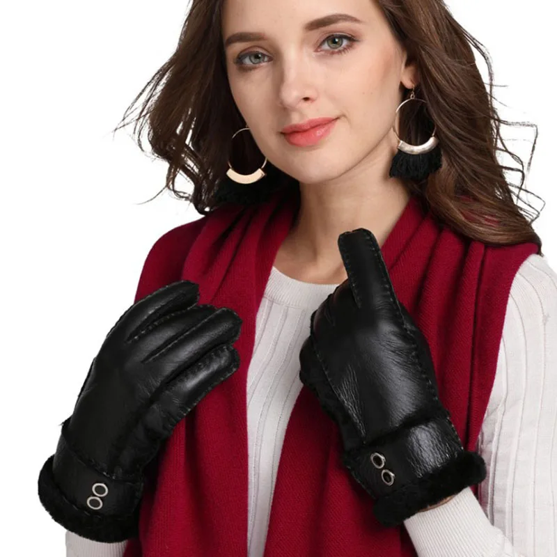 

Brand Winter Women Real Sheep Fur Gloves Thicken Hand-made Black Warm Gloves Ladies Outdoor Gloves Waterproof Guantes Mittens