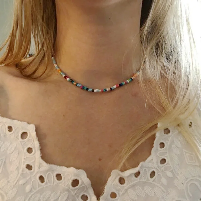 

Bohemia Handmade Rainbow Seed Beads Simple Choker Necklace Women's Fashion Wild Sweet Colorful Collar Jewelry Gift