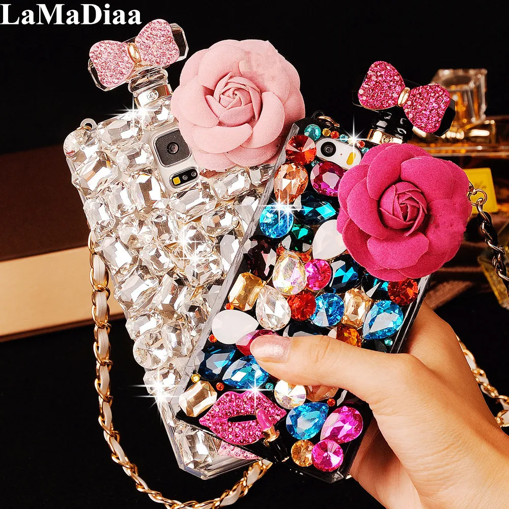 Luxury DIY Colorful Diamond Flower Perfume Bottle With Chain Lanyard Case For iphone 13 12 11 Pro MAX XS Max XR X 8 7 6 6S Plus