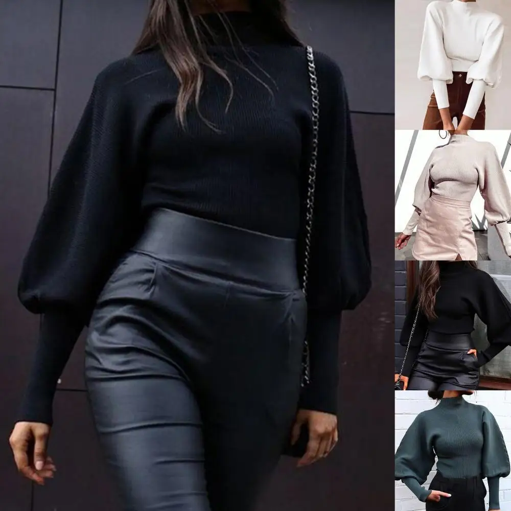 

Autumn Women Solid Color Sweater Turtle Neck Long Puff Sleeve Knitted Pullover Korean Style Oversize Sweater Casual Clothes