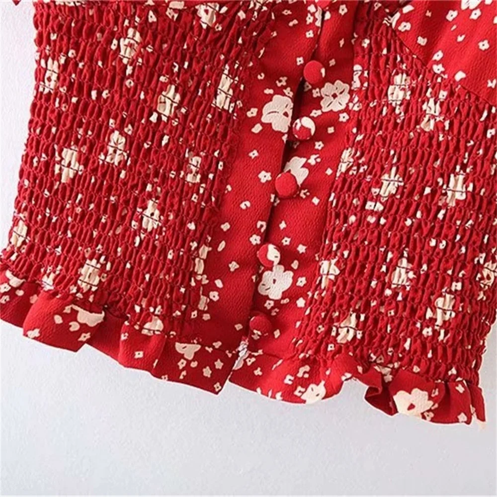 

2020 Spring Women's New French Sweet Round Neck Bubble Short Sleeve Breasted Corset Floral Waist Shirt