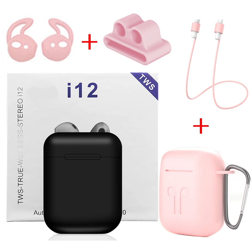 Black - Pink Cases I12 Наушники Беспроводные Bluetooth 5,0 Спортивные Беспроводные наушники с аксессуары для наушников кожаный чехол для i9s i10 i7s i200 TWS - Цвет: Black - Pink Cases