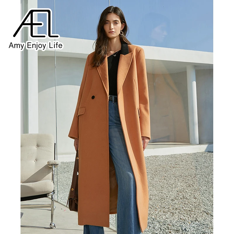 

AEL зимнее женское Шерстяное Пальто с цветными блокировками и отложным воротником, высококачественное женское длинное шерстяное пальто Camel, Повседневная Уличная одежда