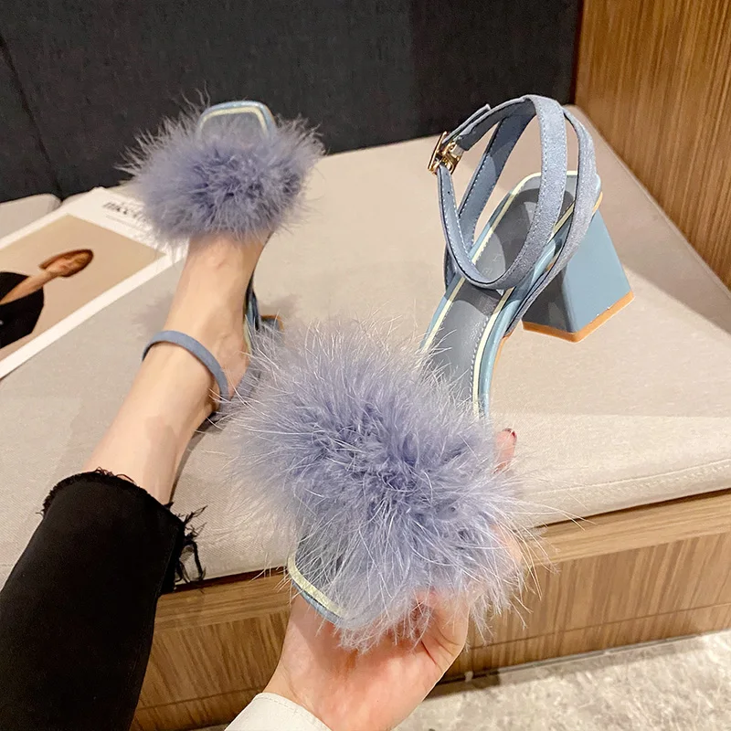 

Thick-heeled High Heels Sandals Suede Women Shoes 2021 Summer Fairy Wind Blue Fur Sandalias Pumps Ankle Strap Gladiator Sandal