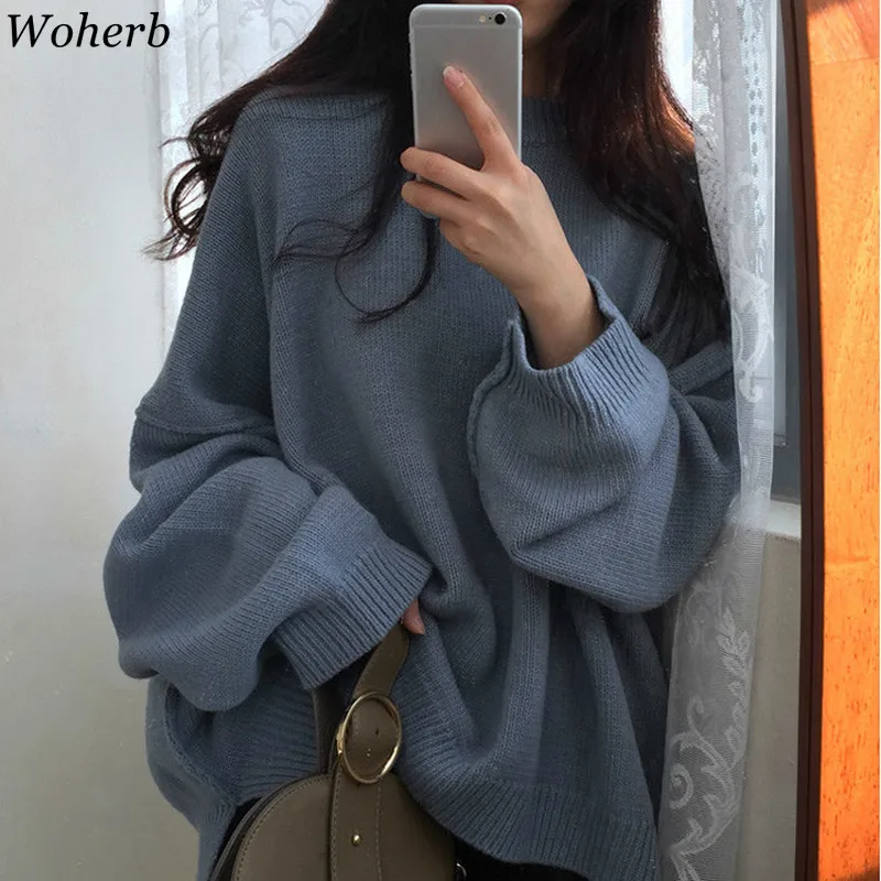 Woherb/Новинка года; осенне-зимние женские свитера; винтажный свободный Свитер оверсайз; топы в Корейском стиле; вязаный Повседневный однотонный джемпер; пуловер