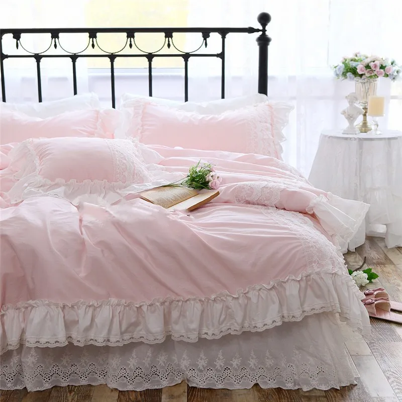 

French Korean princess style lace ruffles solid color high count yarn pure cotton bed skirt twin full queen king bedding set S