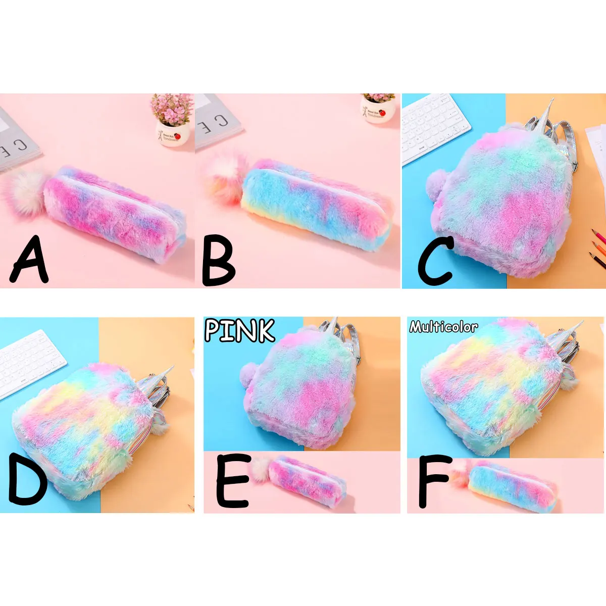 

Fashion Women Mini Backpack with Pencil Case Cute Girls Soft Rainbow Plush Backbag School Bag Cute Shoulder Bag Stationery Set