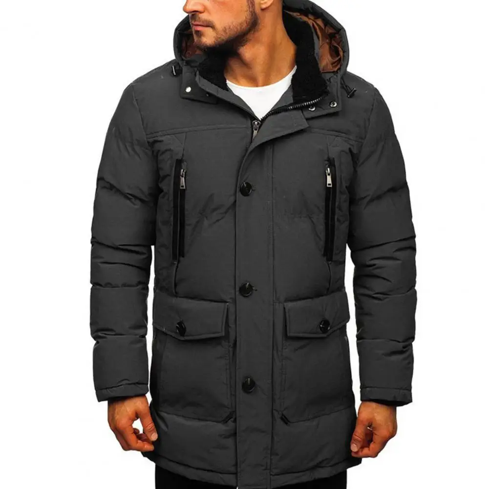 Hooded Jacket Thickened Zipper Closure Stand-up Collar Single Breasted Winter Coats for Men