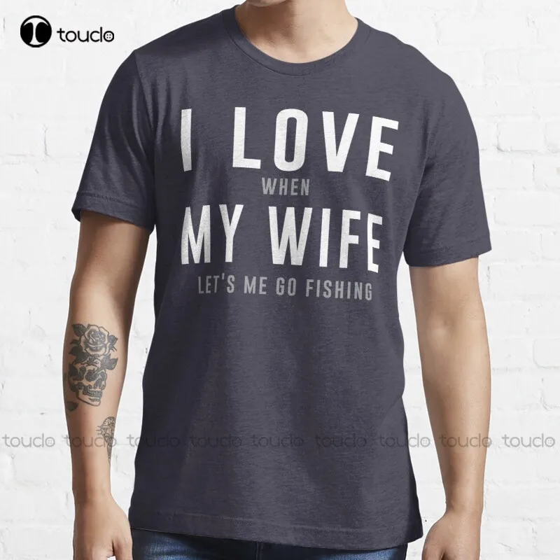 

Футболка женская хлопковая с коротким рукавом, новая рубашка с надписью «Я люблю мою жену, когда она меня отпускает», для рыбалки