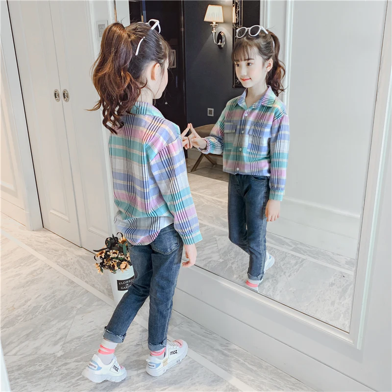 Kids Casual Blouses Spring Fall Girl Cotton Long Sleeve Color Blocking Plaid Shirts Tops Children Sweet Garments Clothing B252 | Детская