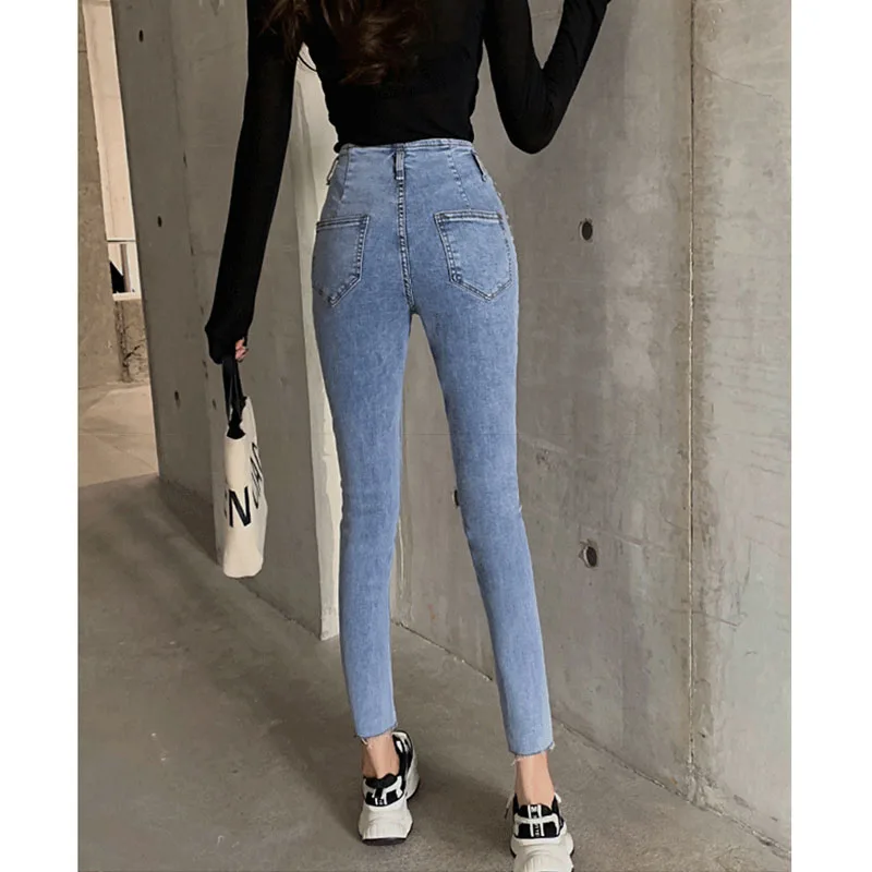 2020 Spring Women Jeans Pencil Pants High Waist Womens Skinny Mom Buttons Blue Elastic Denim Heavy Rivet | Женская одежда
