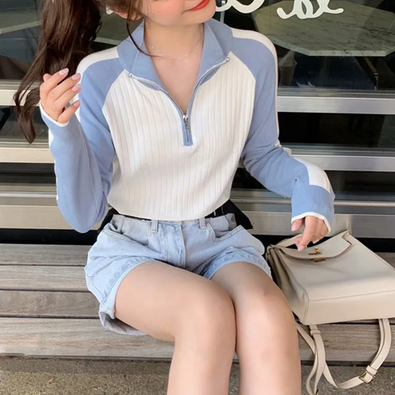 Осенняя водолазка свитер на молнии вязаный пуловер пэчворк тонкий мягкий