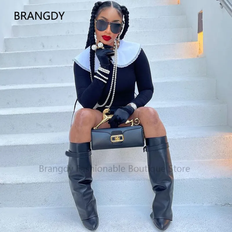 

2021 Gold Silver Metal Lock Ankle Boots Round Toe Shiny Calfskin Pull-on Wedge Heels Chelsea Boot Women's Knight Botas De Mujer