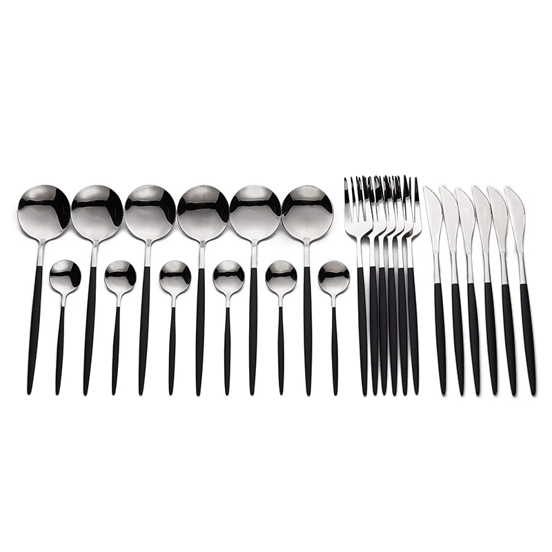 

Stainless Black Tableware Knives Spoons Dinnerware Silverware Set Steel Cutlery Forks Complete 24 Reusable Cutlery Pcs