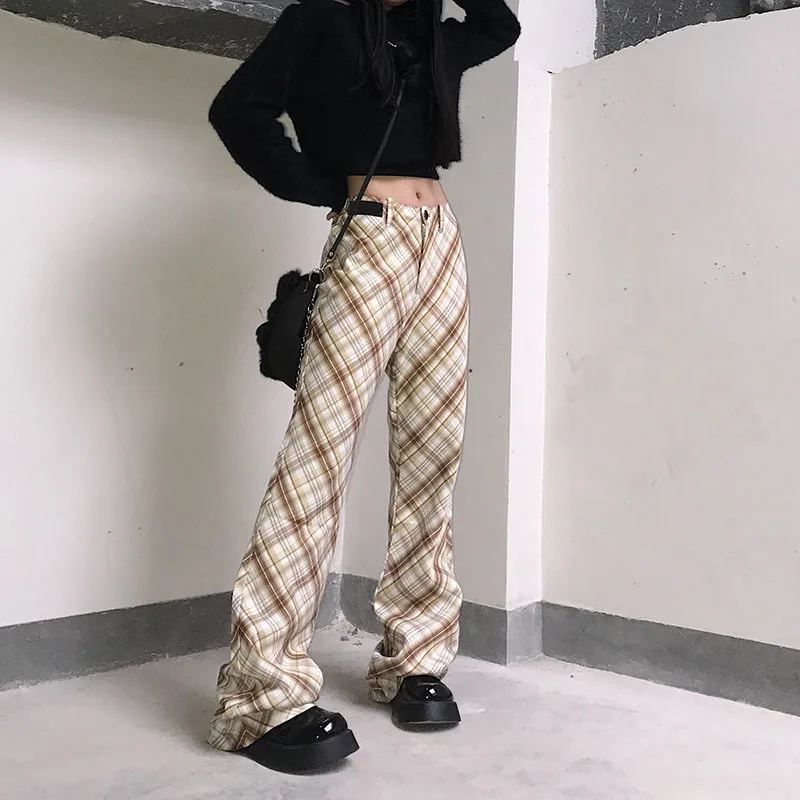 

2021 New Spring And Autumn Fashion Casual Button Loose Plaid Slim High Waisted Slim Fit Straight Pants For Women