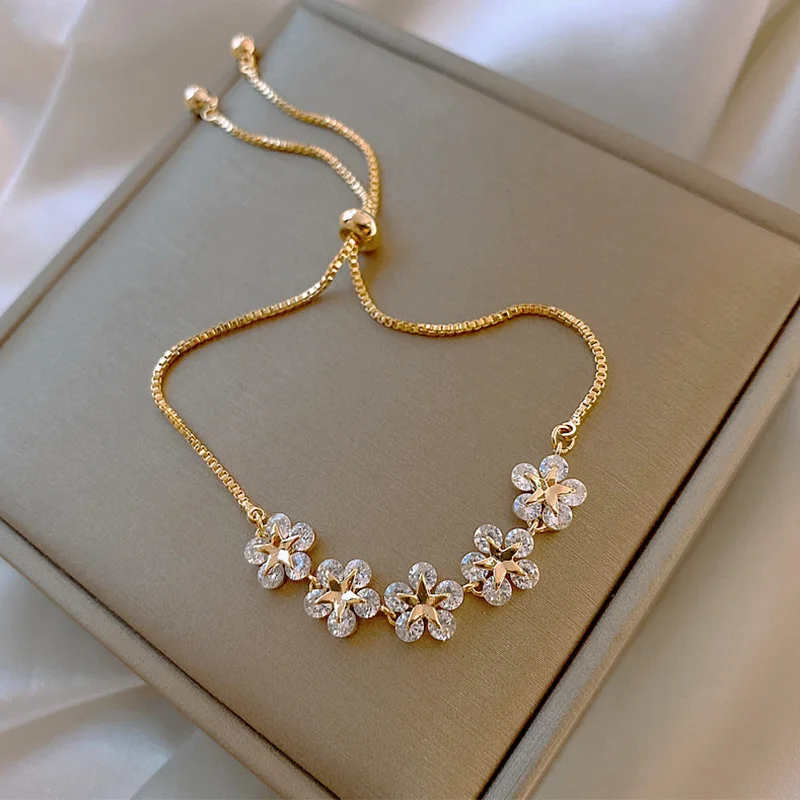 

Super Shine AAA Zircon Flower Bracelet For Women Cute Romantic 14K Real Gold CZ Lady Bresselet Daily String Pulseras