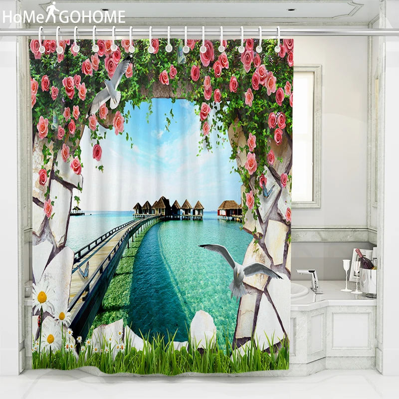 3D занавески для душа с цветочной птицей водонепроницаемая тканевая занавеска
