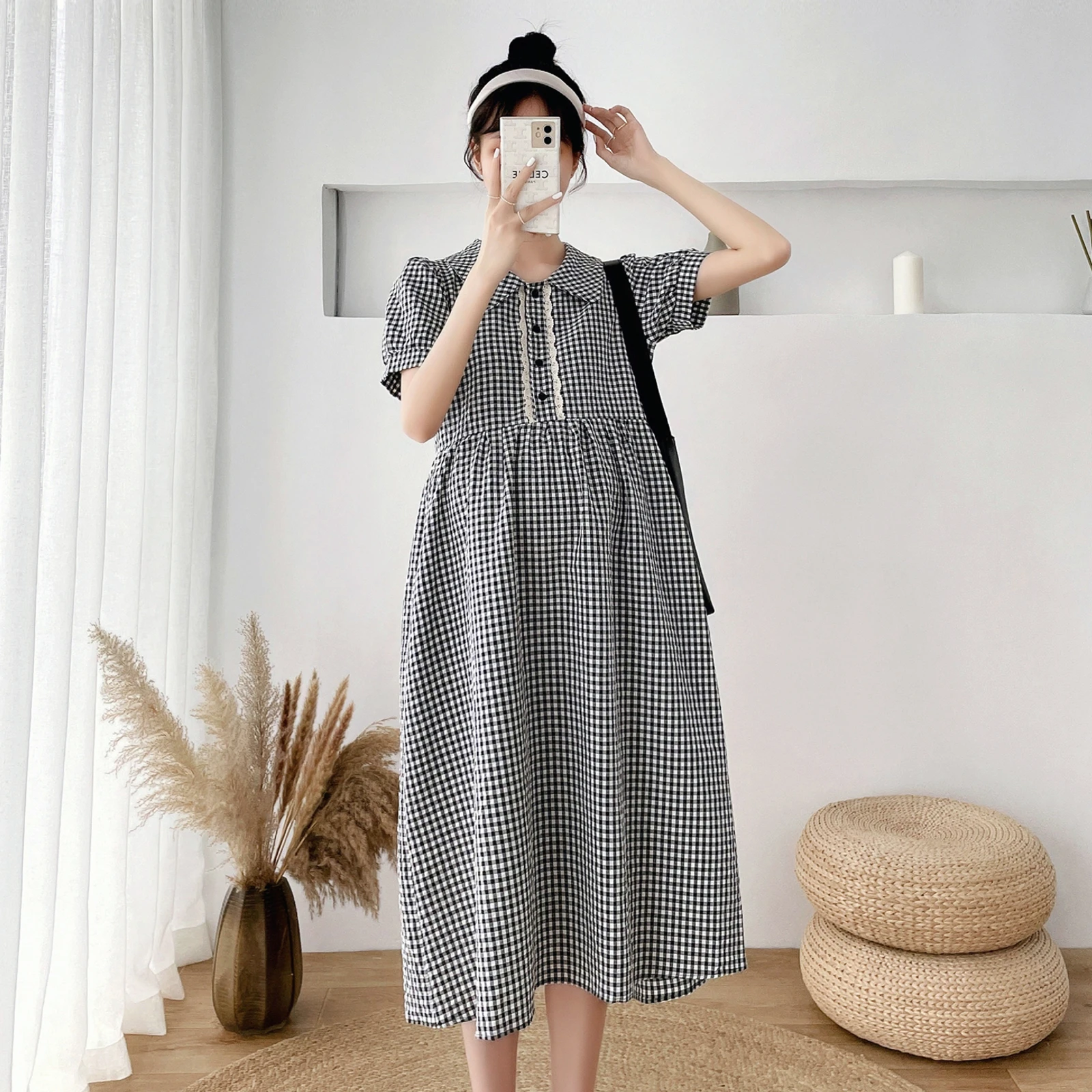 

A292# 2021 Summer Korean Fashion Small Plaid Maternity Long Dress Sweet Cute A Line Loose Clothes for Pregnant Women Pregnancy
