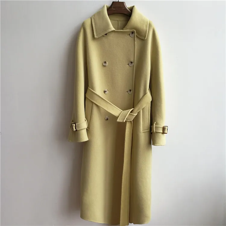 

Winter 2020 New Korean Fashion Double-sided Woolen Overcoat Hand-sewn X-Long Lacing Belt Double-breasted Wool Coat Women