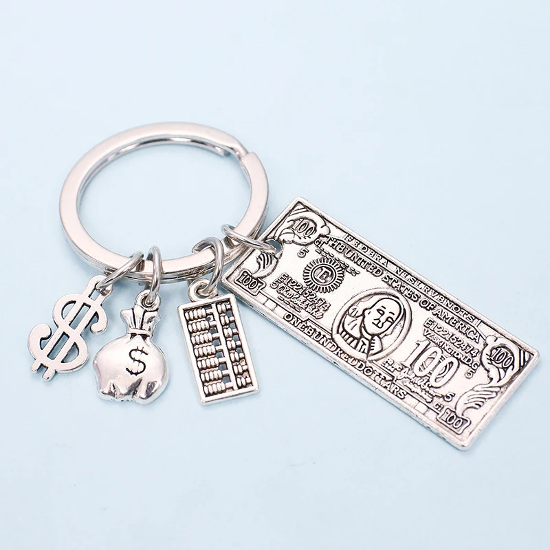 

Creative dollar money silver alloy keychain pendant abacus calculator 100 dollar bill Fun gift key chain Bag pendant accessories