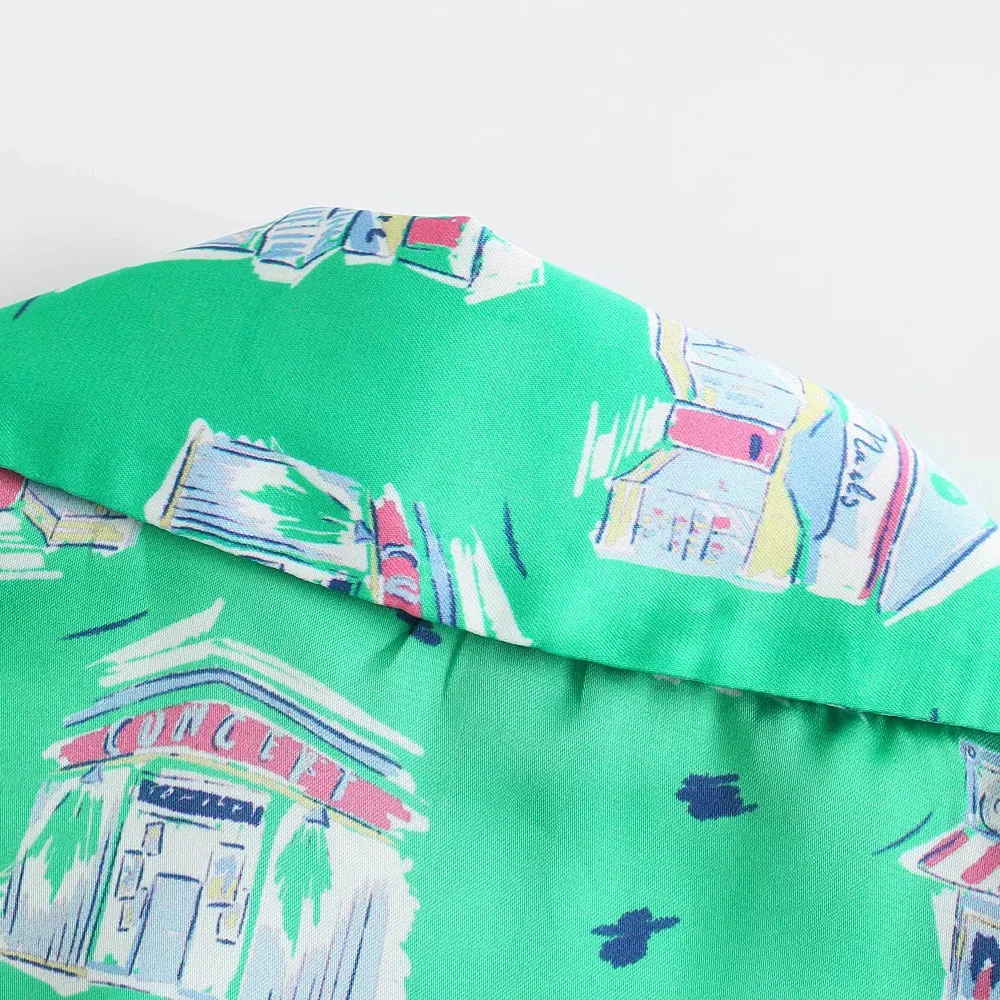 

XEASY 2021 Summer Women Vintage Beach Style Green Cartoon Printing Blouse Female Streetwears Casual Tie Shirt Chic Blusas Top