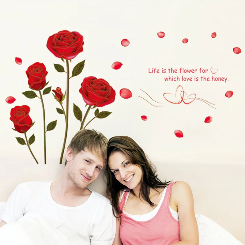 

newest red rose life is flower quote wall stickers home decor living room pv wall decals romantic wedding decoration art