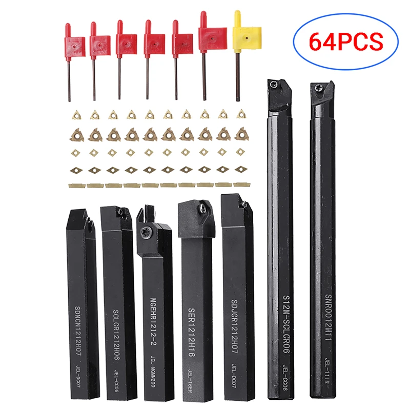 7Pcs/Set 12mm Shank Lathe Turning Tool Holder with 50pcs Carbide Inserts DCMT CCMT MGMN ER IR  Include T8 Wrenches