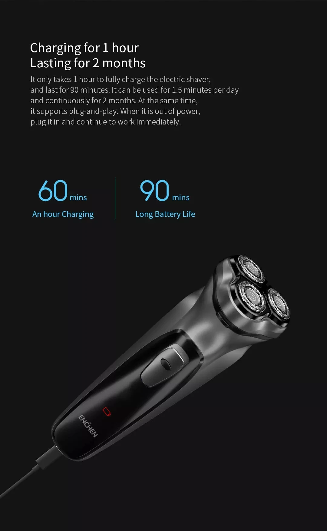 Xiaomi Enchen, мужская электробритва, бритва type-C, USB, перезаряжаемая, 3 лезвия, портативный триммер для бороды, машинка для стрижки бакенбард