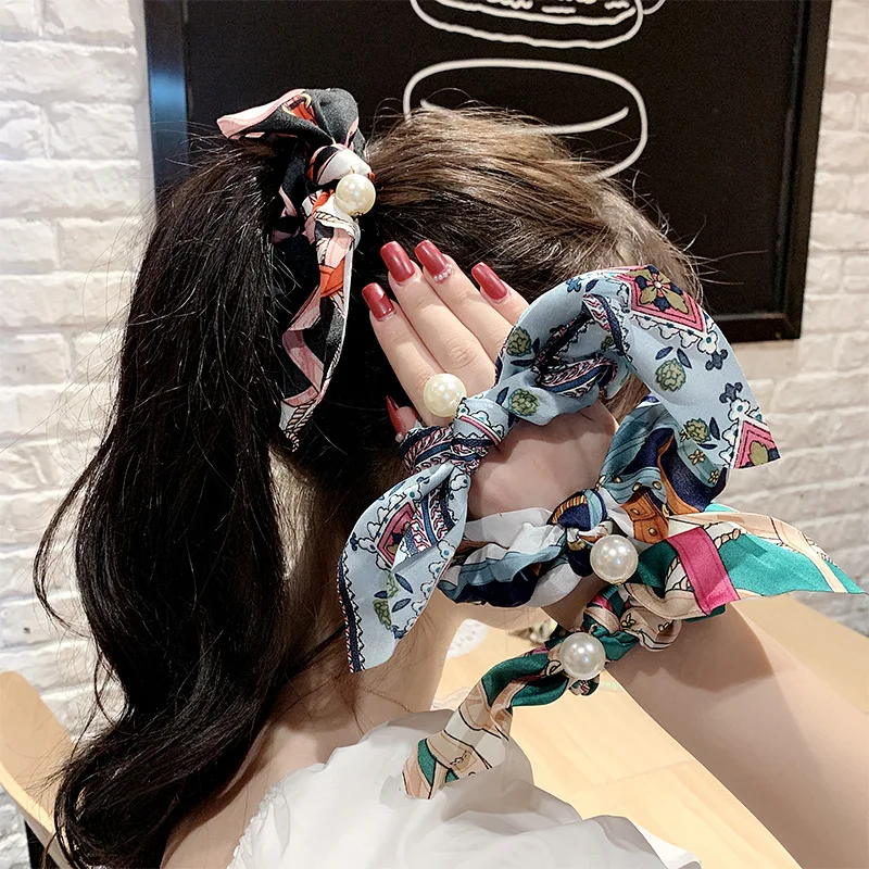 

Fashion Elegant Vintage Print Women Elastic Hair Bands Bow Knot Pearls Ponytail Holder Scrunchies Girls Hair Accessories