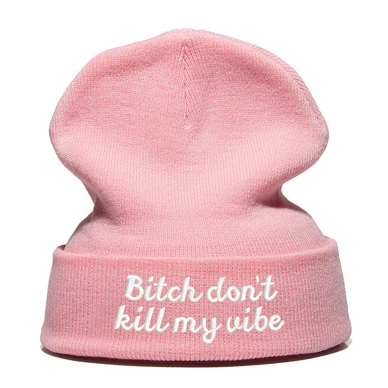 Beanie шляпа Skullie Кепки смутная зима вышивка в стиле панк Для мужчин Для женщин подростков в стиле «хип-хоп» BITCH «Don't KILL MY VIBE по макету клиента