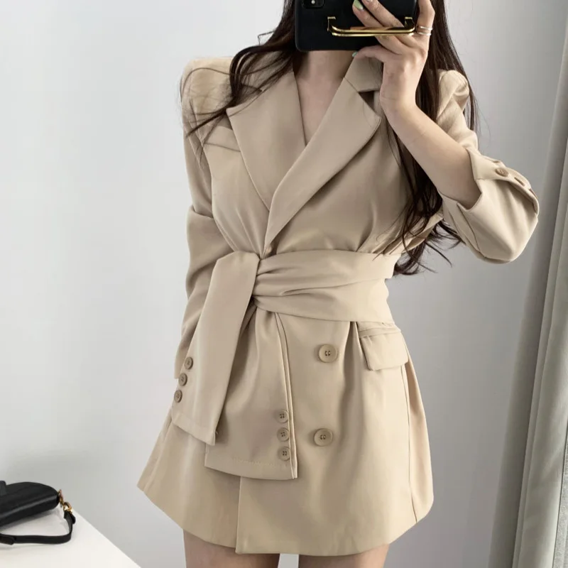 Женский блейзер с поясом Mozuleva Осеннее офисное платье-блейзер вырезом и уличная