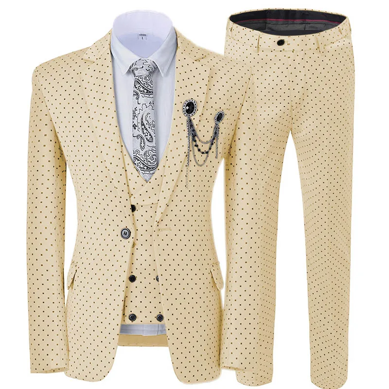 

Three Pieces Men's Wedding Suit Three Pieces Dots Printed Slim Fit Notch Lapel Tuxedos Tailcoat Best Men Double Breasted Vest