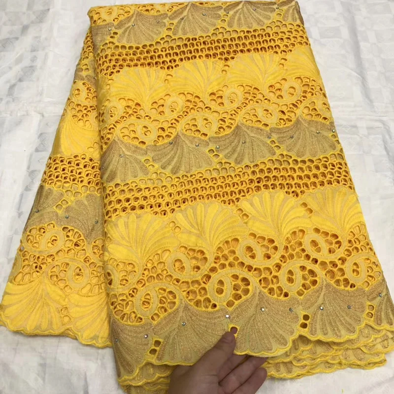 cotton Swiss voile lace fabric white and gold African dry cotton lace fabric with wonderful embroidery for dress CLL045