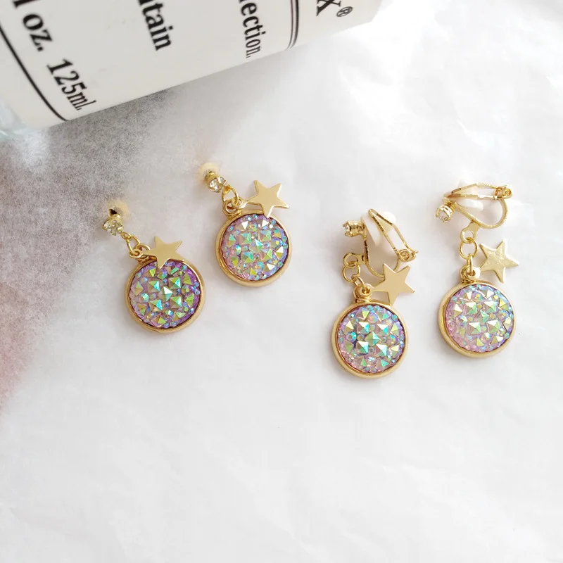 Simple Rhombic Star Resin Round Disc Clip Earrings Women Shinny Bright Purple Stone Clip on Earrings No Pierced Hole