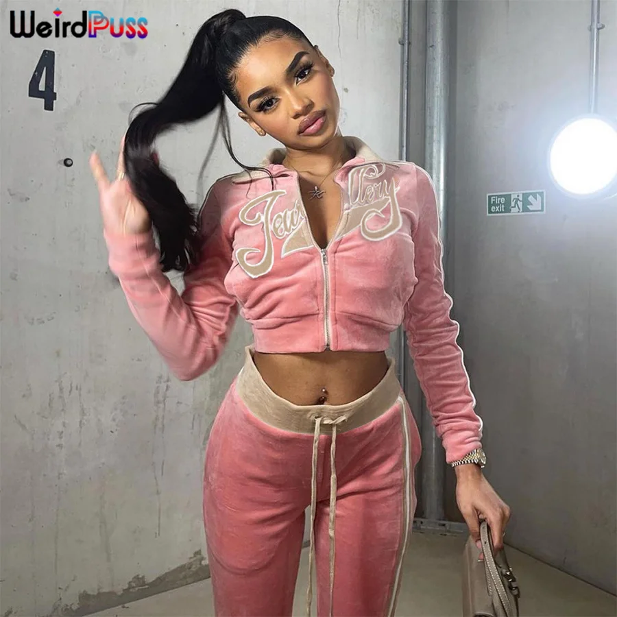 

Weird Puss Women Tracksuit Embroidery Letter Velvet 2piece Set Fitness Zip Sweatshirt+Sporty Sweatpants Matching Activity Outfit