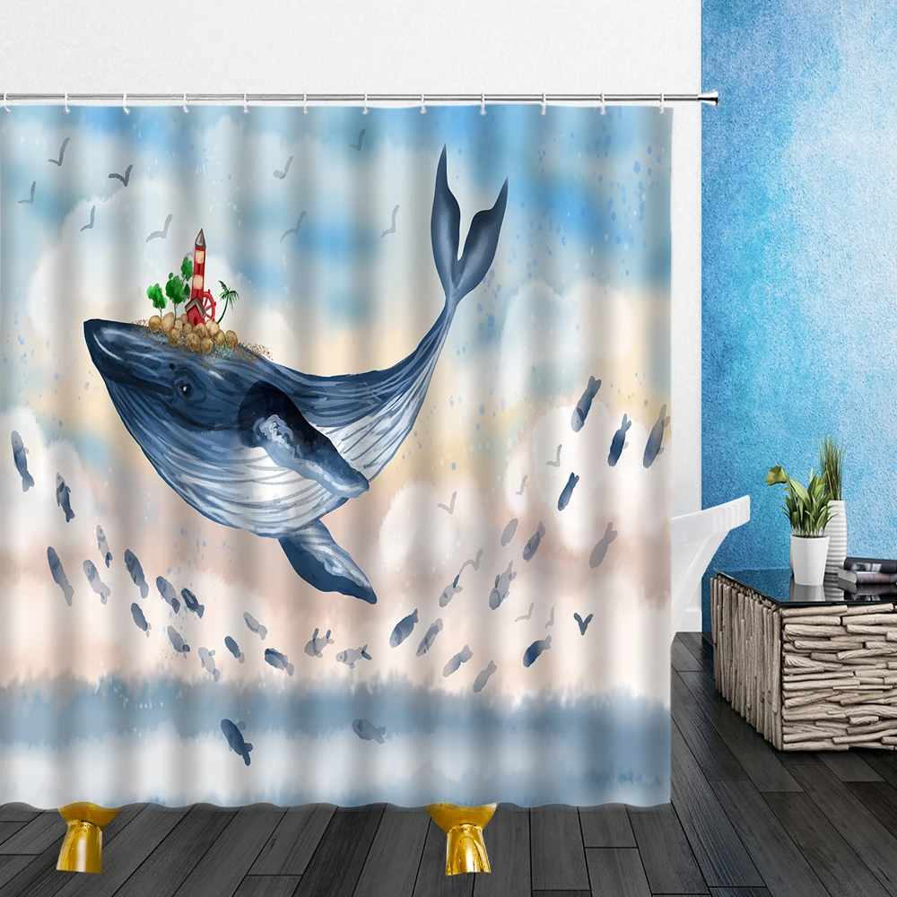 

Занавеска для душа в ванную комнату, водонепроницаемая шторка из полиэстера с крючками, с изображением акулы, Дельфина, рыбы, океана, осьмин...