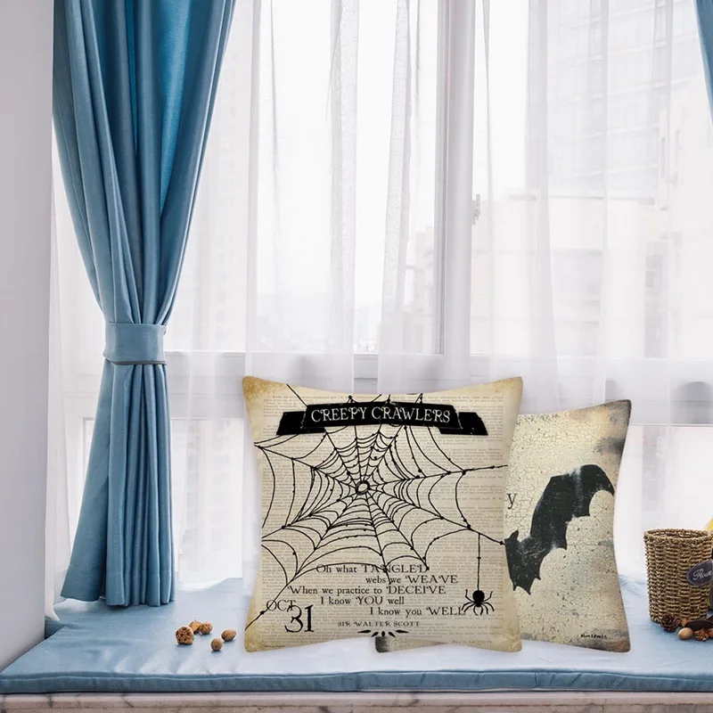 Декоративный льняной чехол для подушки на Хэллоуин с принтом летучая мышь
