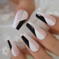 medium black white ballerina false nails irregular pattern modern press on nails glossy artificial nails
