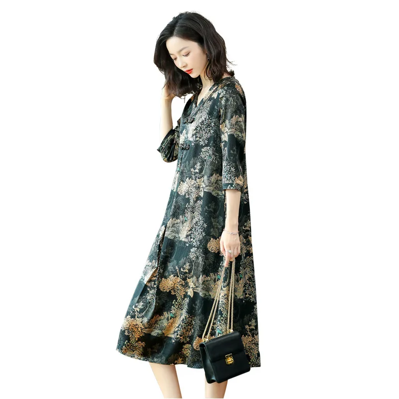 

Heavyweight Pearl Satin Dress Women's Middle Long Retro Mom Loose 2021 New Mulberry Silk Clothes