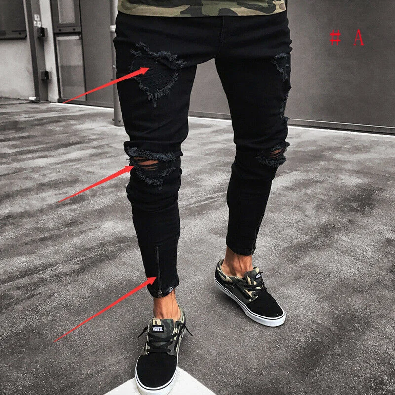 

Mens Cool Designer Brand Black Jeans Skinny Ripped Destroyed Stretch Slim Fit Hop Pants With Holes For Men