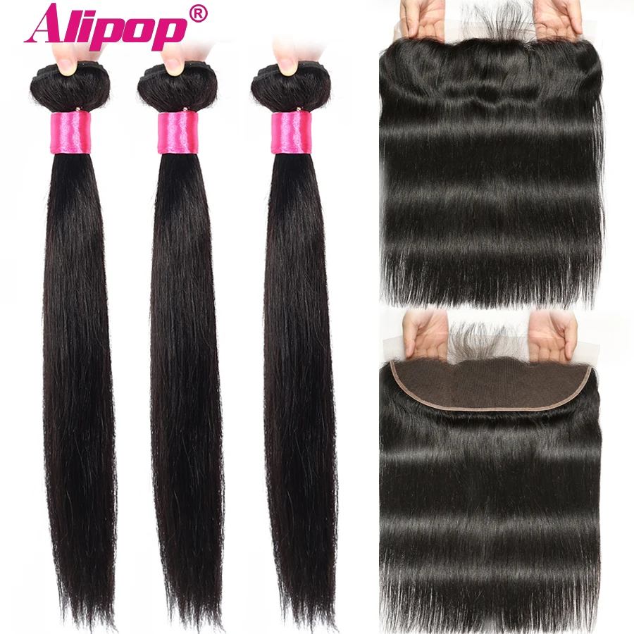 Перуанские прямые волосы 3 Связки с Кружево спереди застежка человеческие пучки