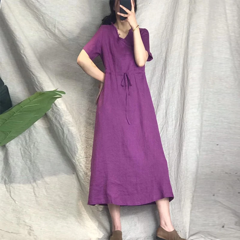 

Женское льняное платье в китайском стиле Johnature, однотонное свободное платье с V-образным вырезом, коротким рукавом, поясом, винтажная одежда ...