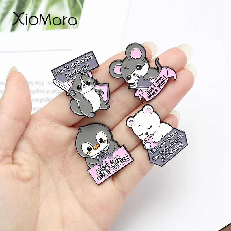 

5 Styles Animal Enamel Lapel Pins Letter Quote Cartoon Cute Mouse Cat Bear Penguin Badge Shirt Buckle Jewelry Gift for Friends